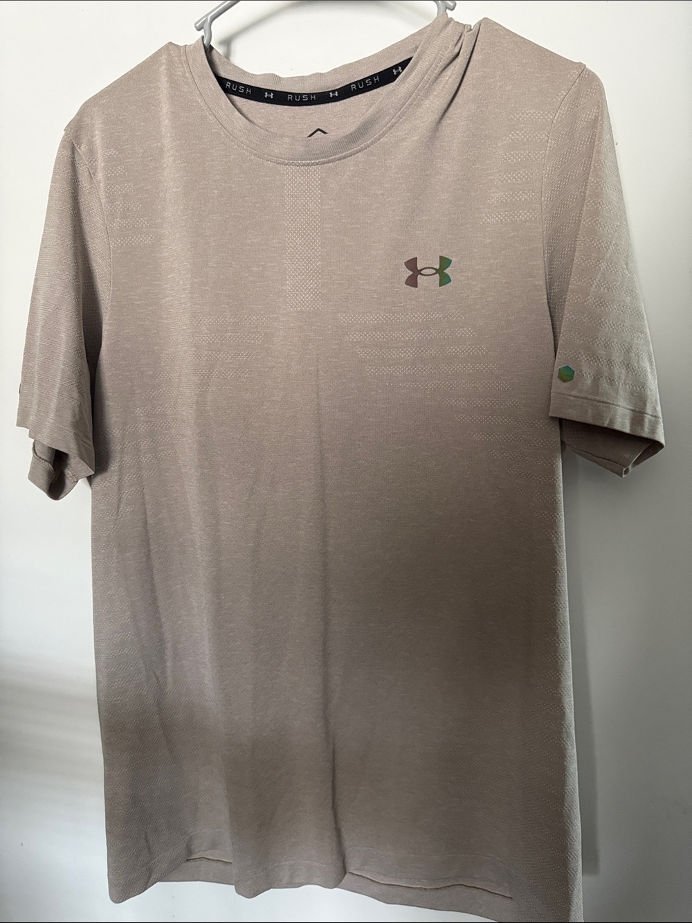 Under Armour Men's Short Sleeve Performance Tee in Light Taupe with Green Logo